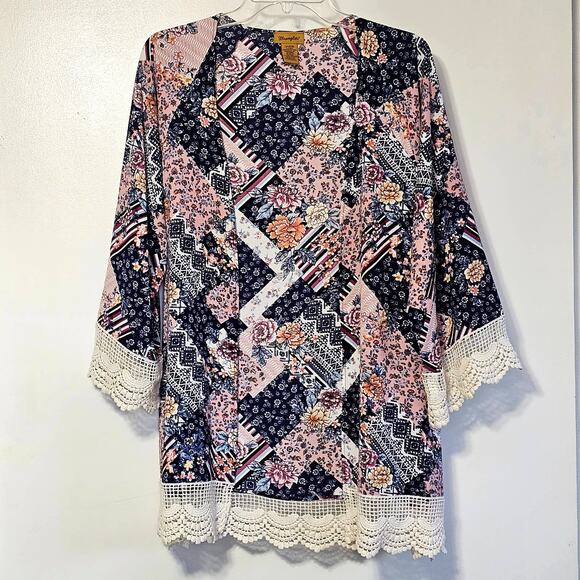 Wrangler Boho Western Patchwork Cardigan-Lace Trim, Open Front, Lightweight, Lg - Picture 1 of 7